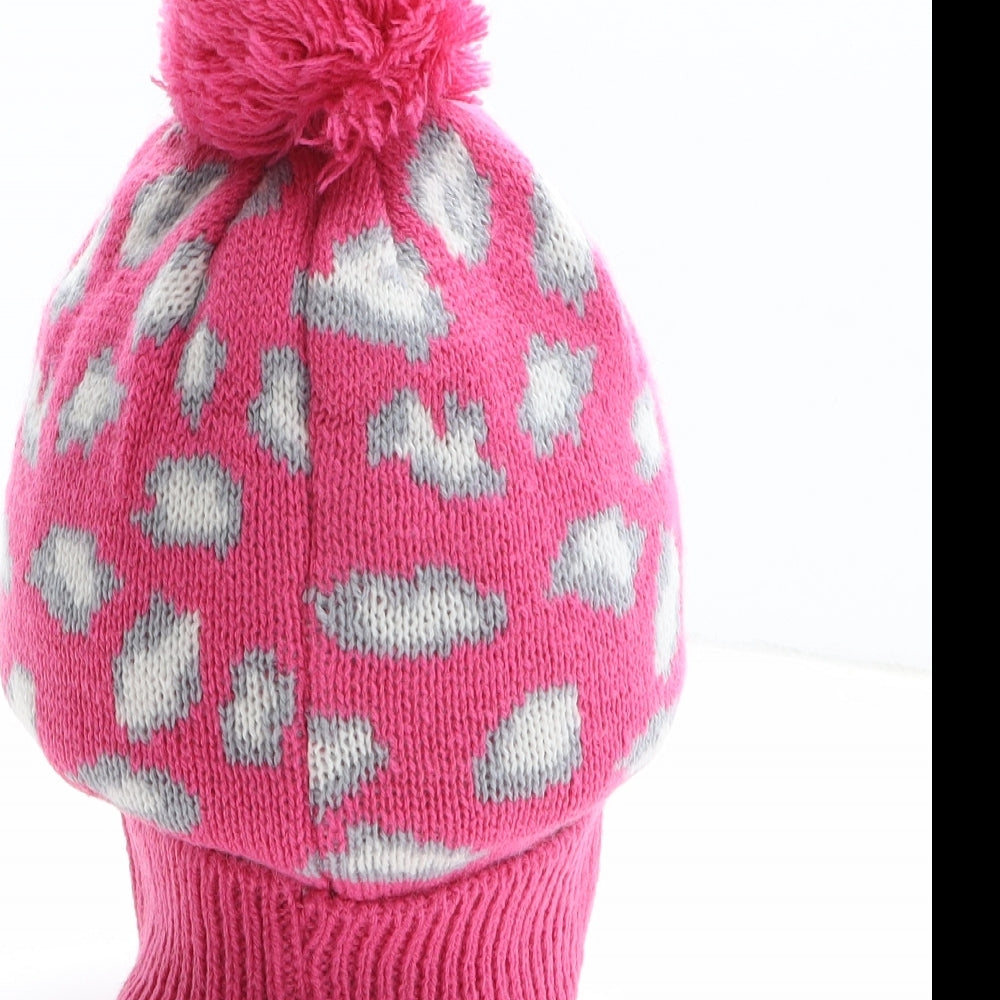 Preworn Girls Pink Animal Print Acrylic Bobble Hat One Size - Leopard print