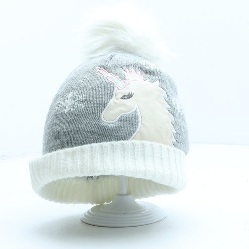 Primark Girls Grey Acrylic Bobble Hat One Size - Unicorn