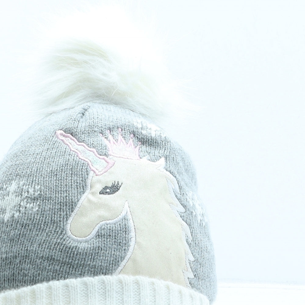 Primark Girls Grey Acrylic Bobble Hat One Size - Unicorn