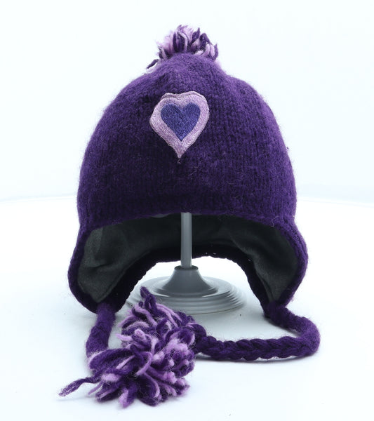 Pachamamita Womens Purple Wool Bobble Hat One Size - Heart