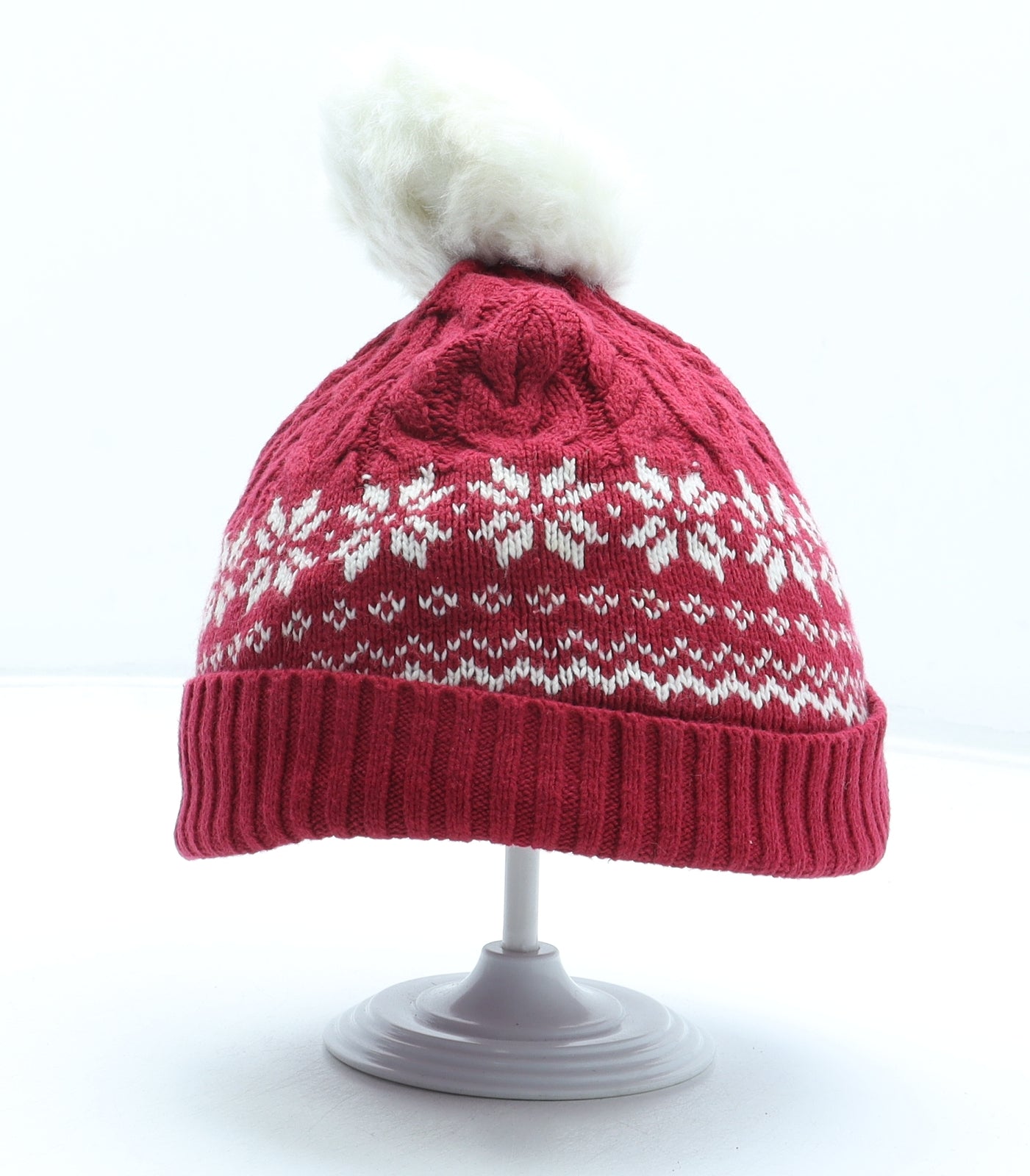 Preworn Girls Red Fair Isle Acrylic Bobble Hat One Size - Size 4-5 Years