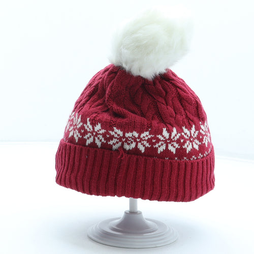 Preworn Girls Red Fair Isle Acrylic Bobble Hat One Size - Size 4-5 Years