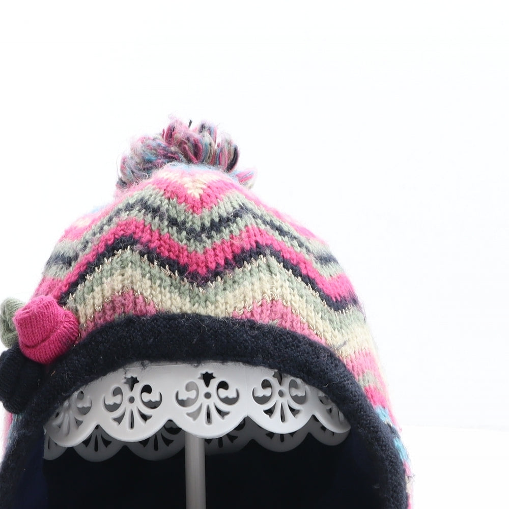 Monsoon Girls Multicoloured Chevron Acrylic Winter Hat One Size - Flower Detail, Pom Poms