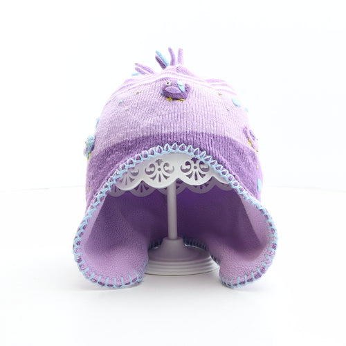 TU Girls Purple Acrylic Winter Hat One Size - Size 3-6 years, Birds Details, Heart Details