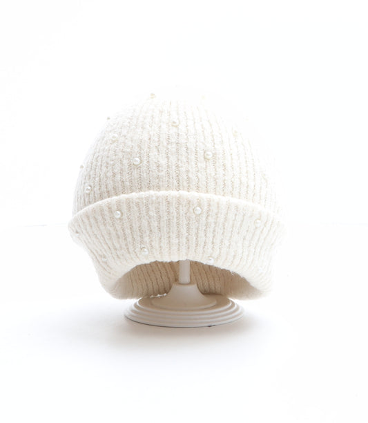 F&F Womens White Acrylic Beanie One Size - Pearl Details
