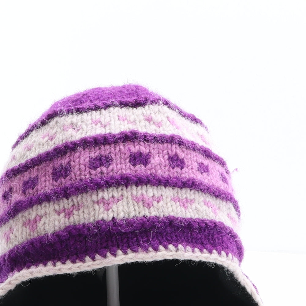 Black Yak Womens Purple Striped 100% Wool Winter Hat One Size