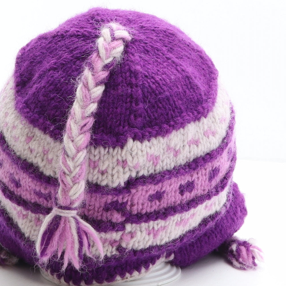 Black Yak Womens Purple Striped 100% Wool Winter Hat One Size