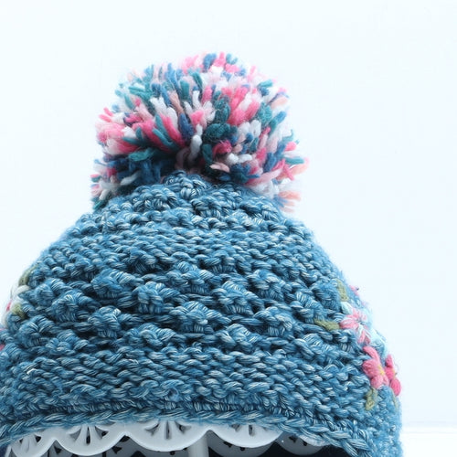 NEXT Girls Blue Floral Cotton Bobble Hat One Size - UK Size 1-2 Years