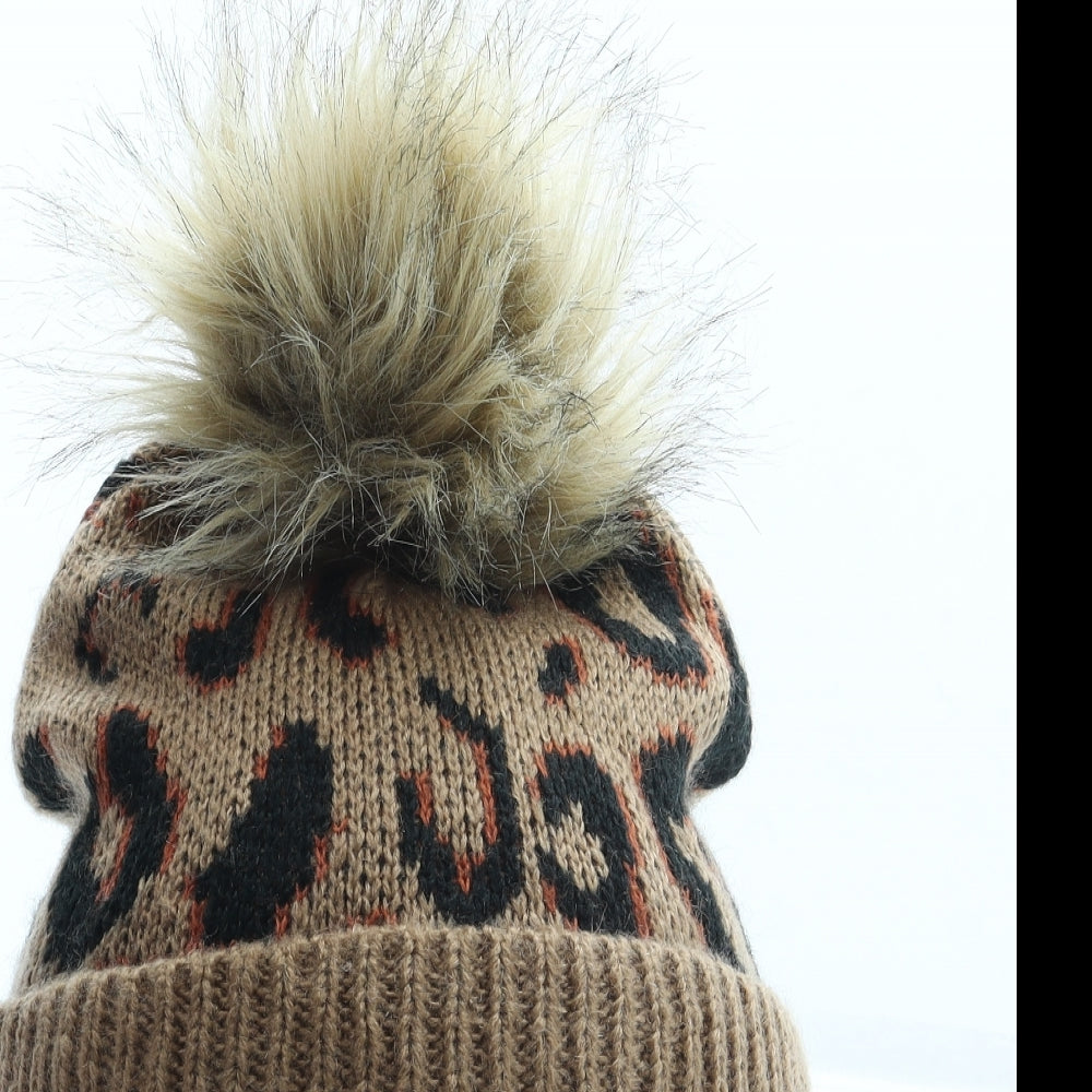 BCBGeneration Womens Brown Animal Print Acrylic Bobble Hat One Size - Leopard Print