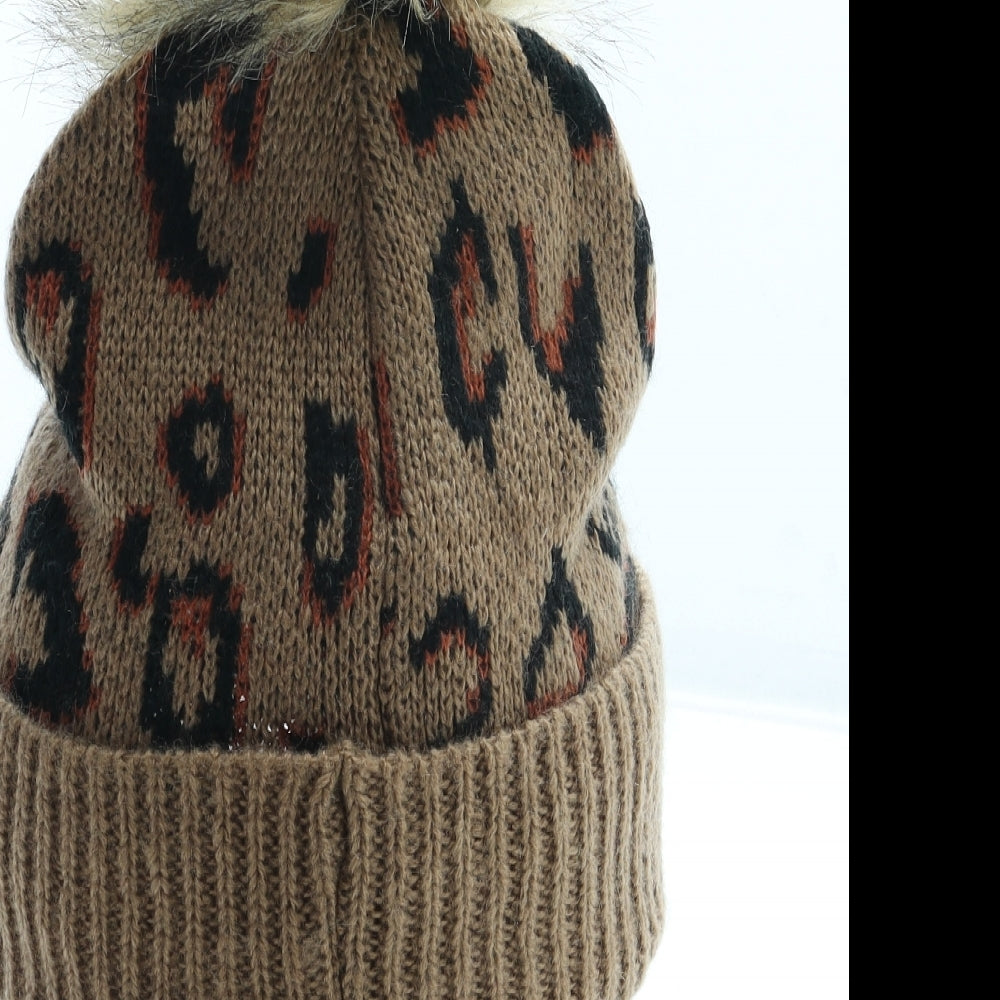 BCBGeneration Womens Brown Animal Print Acrylic Bobble Hat One Size - Leopard Print
