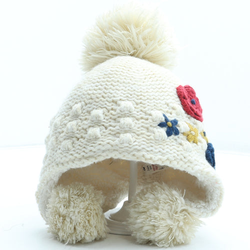 TU Girls White Acrylic Bobble Hat One Size - Flower Detail Size 3-6 Years