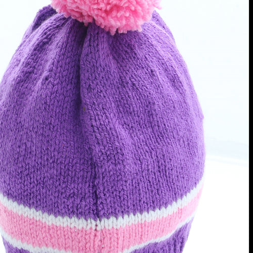 Preworn Womens Purple Striped Acrylic Bobble Hat One Size