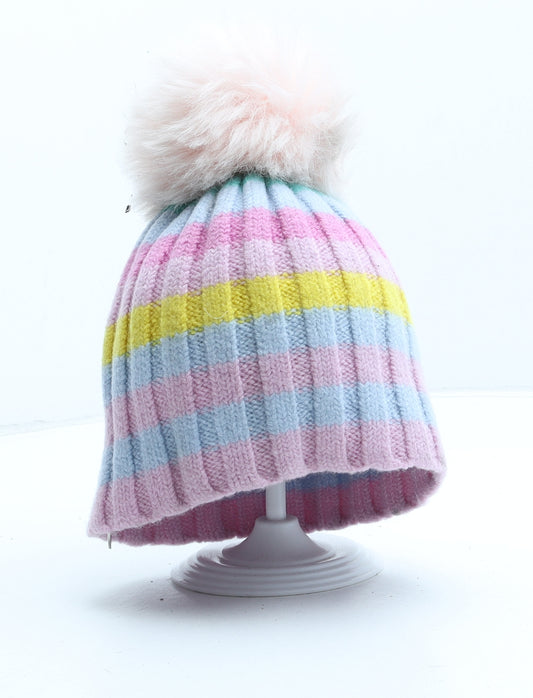 MH Girls Multicoloured Striped Wool Bobble Hat One Size