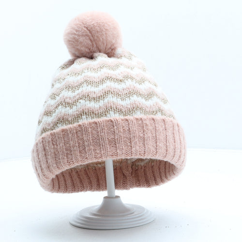 George Girls Pink Striped Polyester Bobble Hat One Size - UK Size 1-3 Year
