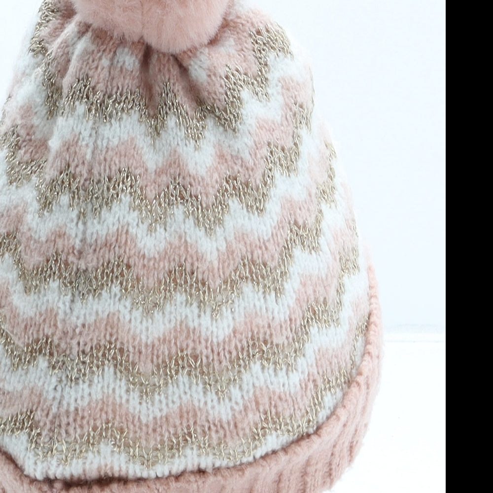 George Girls Pink Striped Polyester Bobble Hat One Size - UK Size 1-3 Year