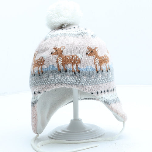 H&M Girls Pink Geometric Acrylic Winter Hat One Size - Christmas Reindeer. UK Size 6-12 Months