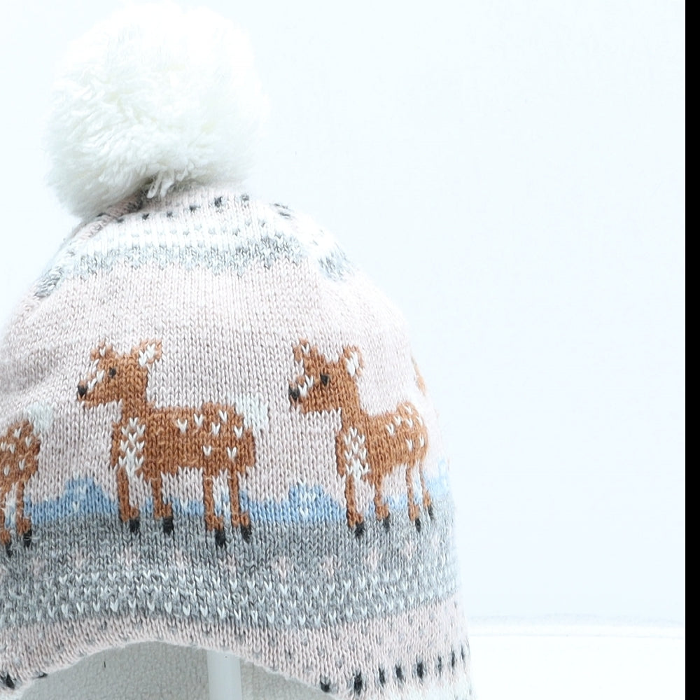 H&M Girls Pink Geometric Acrylic Winter Hat One Size - Christmas Reindeer. UK Size 6-12 Months