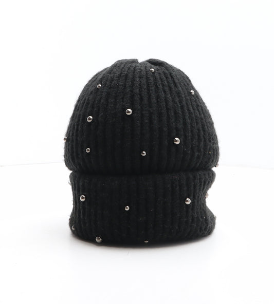 Primark Womens Black Acrylic Beanie One Size - Pearl Details