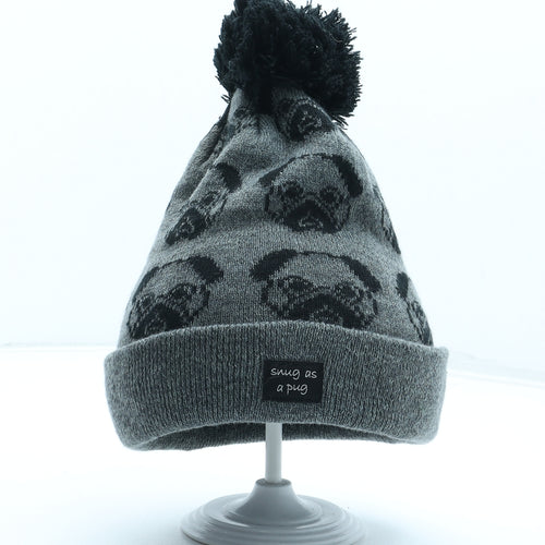 Preworn Womens Grey Geometric Acrylic Bobble Hat One Size - Snug as a Pug