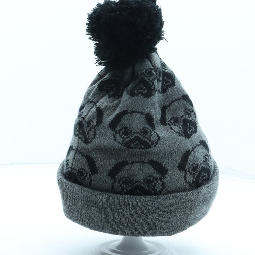 Preworn Womens Grey Geometric Acrylic Bobble Hat One Size - Snug as a Pug