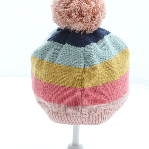 F&F Girls Multicoloured Striped 100% Cotton Bobble Hat One Size - Size 9-12 Months