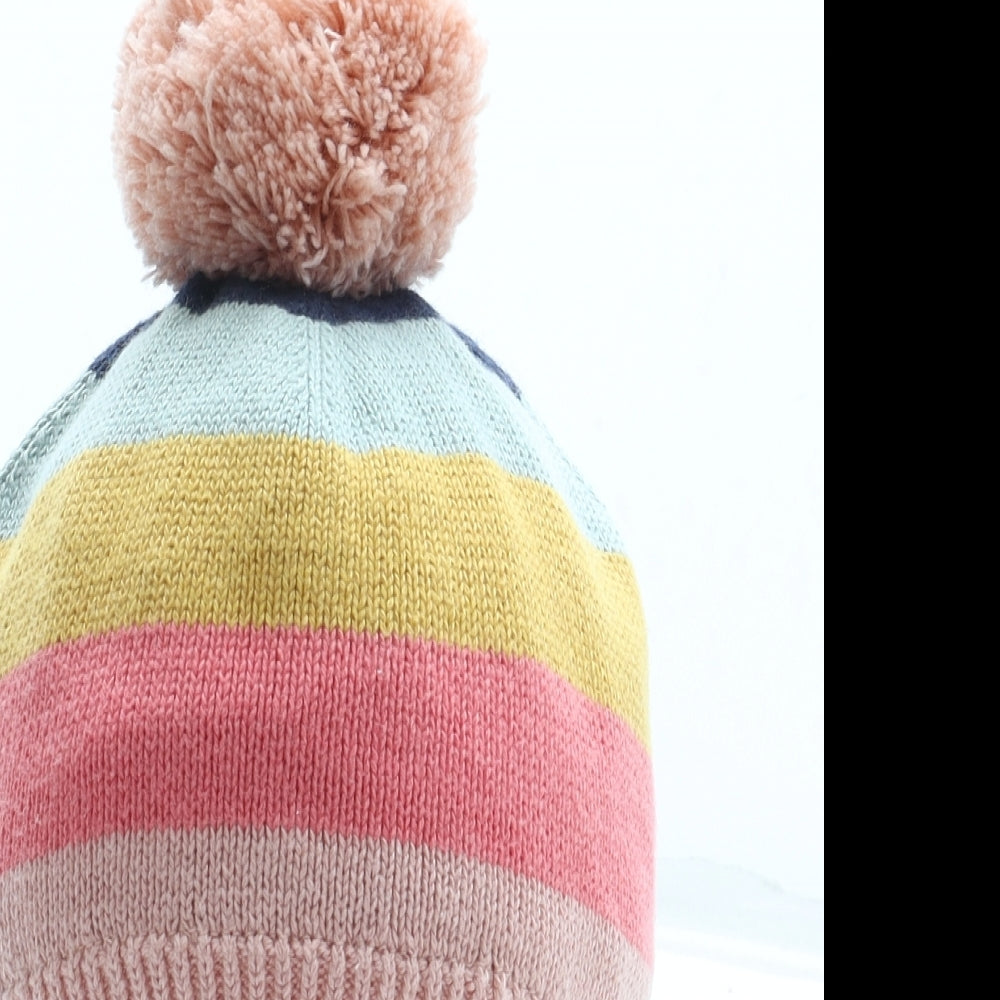 F&F Girls Multicoloured Striped 100% Cotton Bobble Hat One Size - Size 9-12 Months