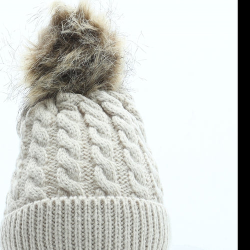 Preworn Girls Beige Acrylic Bobble Hat One Size - Faux Fur Matching Gloves