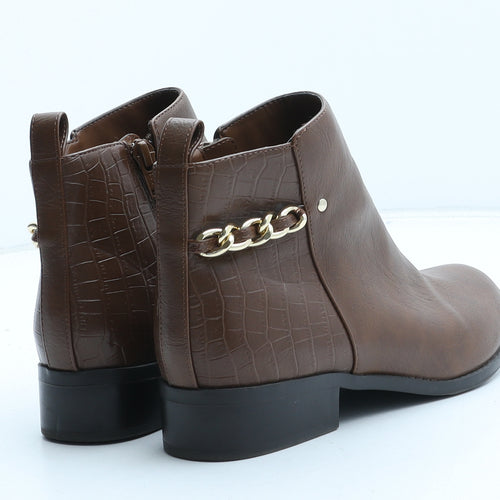 New Look Womens Brown Synthetic Bootie Boot UK - Croc Texture Chain Detail