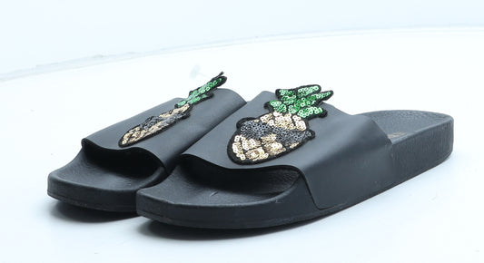 The White Brand Womens Black Synthetic Slider Sandal UK - Pineapple Detail
