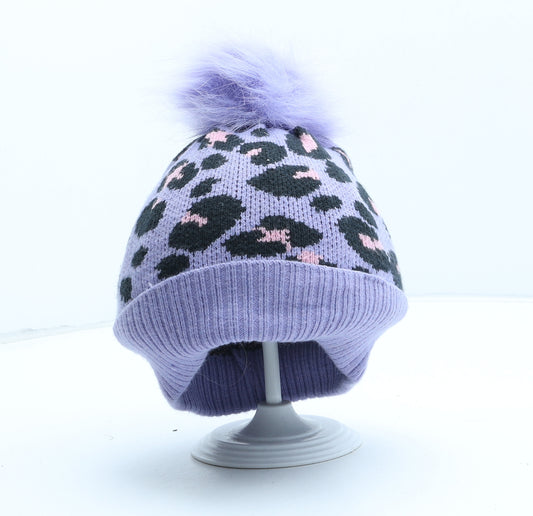 Marks and Spencer Girls Purple Animal Print Acrylic Bobble Hat One Size - Leopard Pattern UK Size 10-13 Years