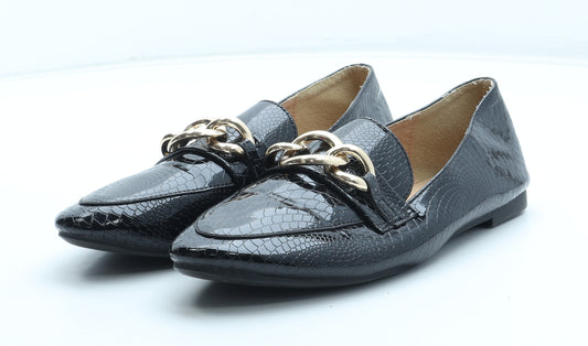 SheIn Womens Black Geometric Polyurethane Loafer Flat UK - Chain Detail Croc Texture
