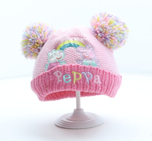 F&F Girls Pink Acrylic Bobble Hat Size S - Peppa Pig