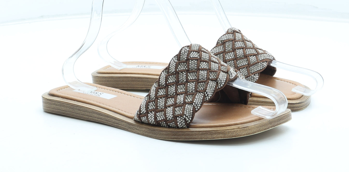 Marks and Spencer Womens Brown Geometric Polyurethane Slip On Sandal UK