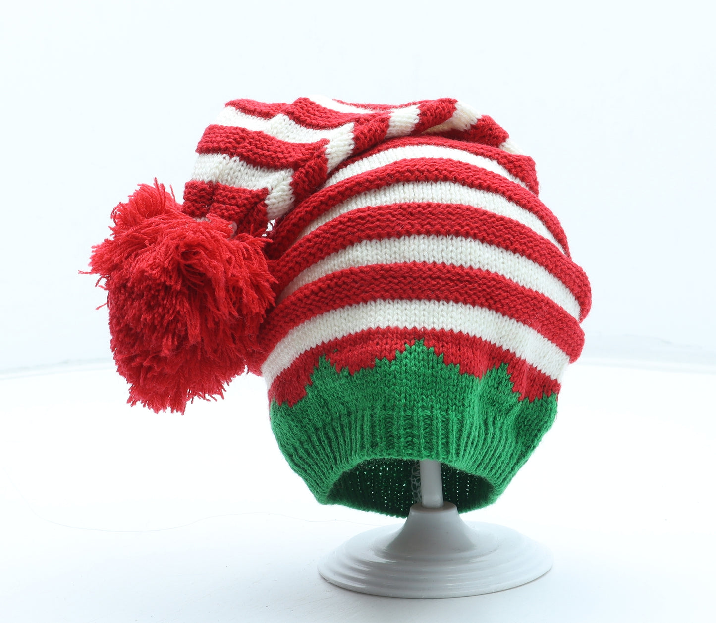 Preworn Boys Multicoloured Striped Acrylic Bobble Hat Size S - Elf Christmas Hat