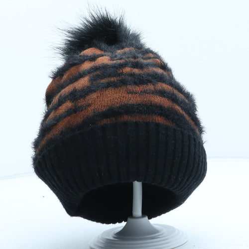 Primark Womens Orange Animal Print Acrylic Bobble Hat One Size - Tiger Pattern