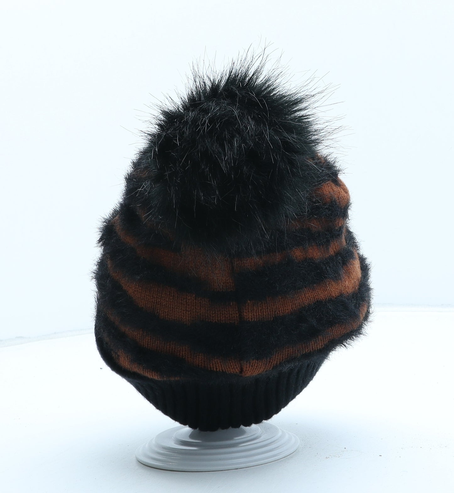 Primark Womens Orange Animal Print Acrylic Bobble Hat One Size - Tiger Pattern
