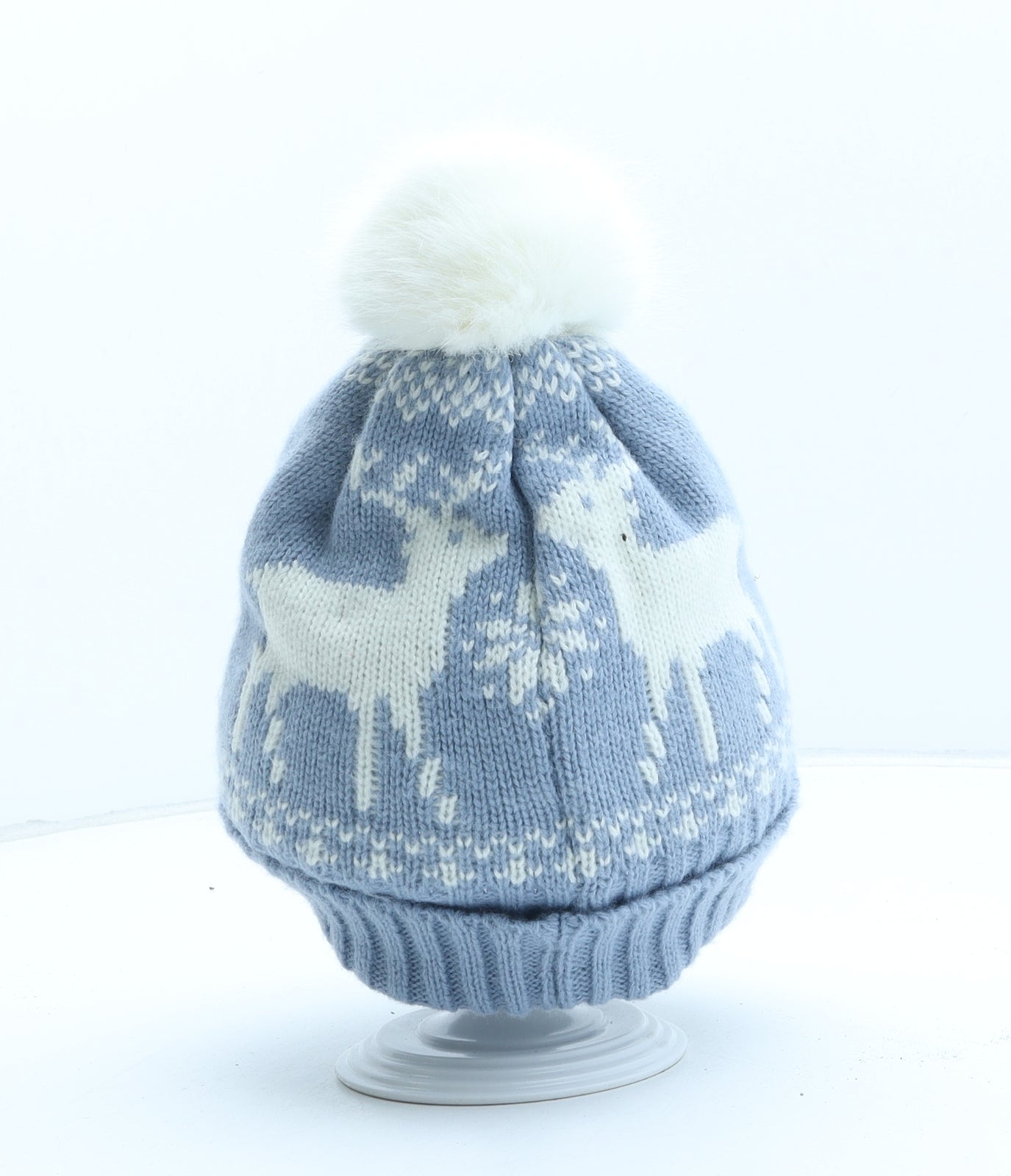 Marks and Spencer Womens Blue Fair Isle Acrylic Bobble Hat One Size - Reindeer Pattern