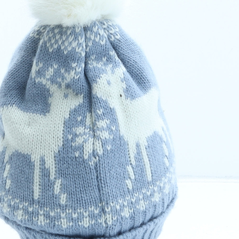 Marks and Spencer Womens Blue Fair Isle Acrylic Bobble Hat One Size - Reindeer Pattern