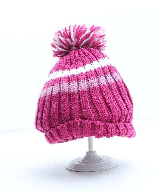 Preworn Girls Pink Colourblock Acrylic Bobble Hat One Size