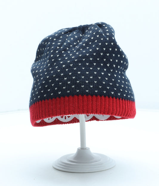 Marks and Spencer Girls Blue Geometric Acrylic Beanie Size S - Heart Pattern Size 3-6 Years