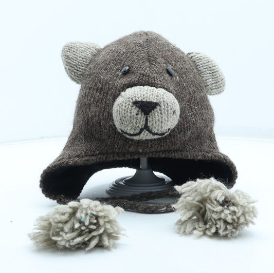 Made in Nepal Boys Brown Wool Winter Hat Size S - Bear Ears