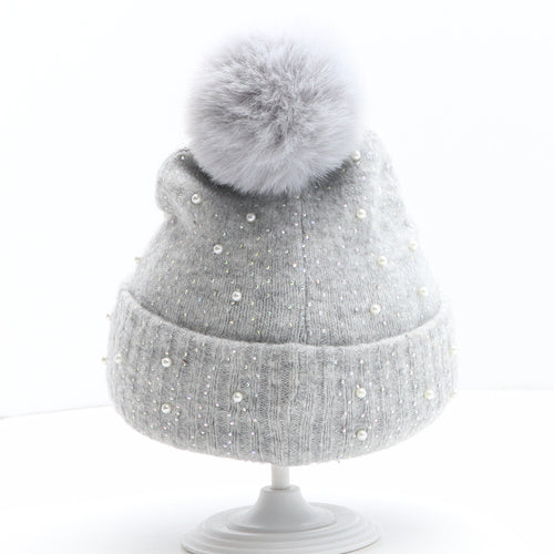 F&F Girls Grey Acrylic Bobble Hat One Size - UK Size 7-10 Years