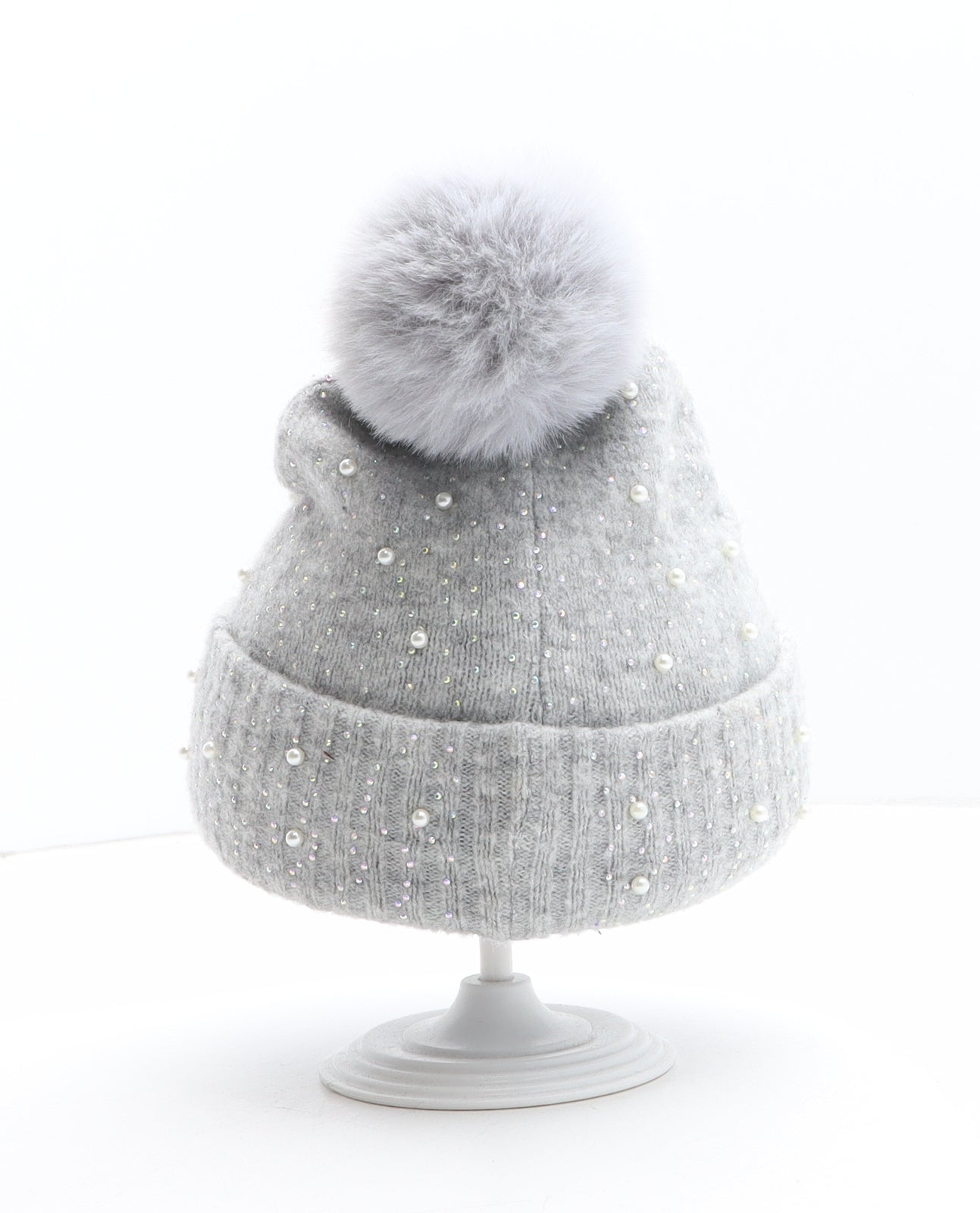 F&F Girls Grey Acrylic Bobble Hat One Size - UK Size 7-10 Years