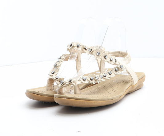 Glossy Womens Beige Floral Synthetic Thong Sandal UK