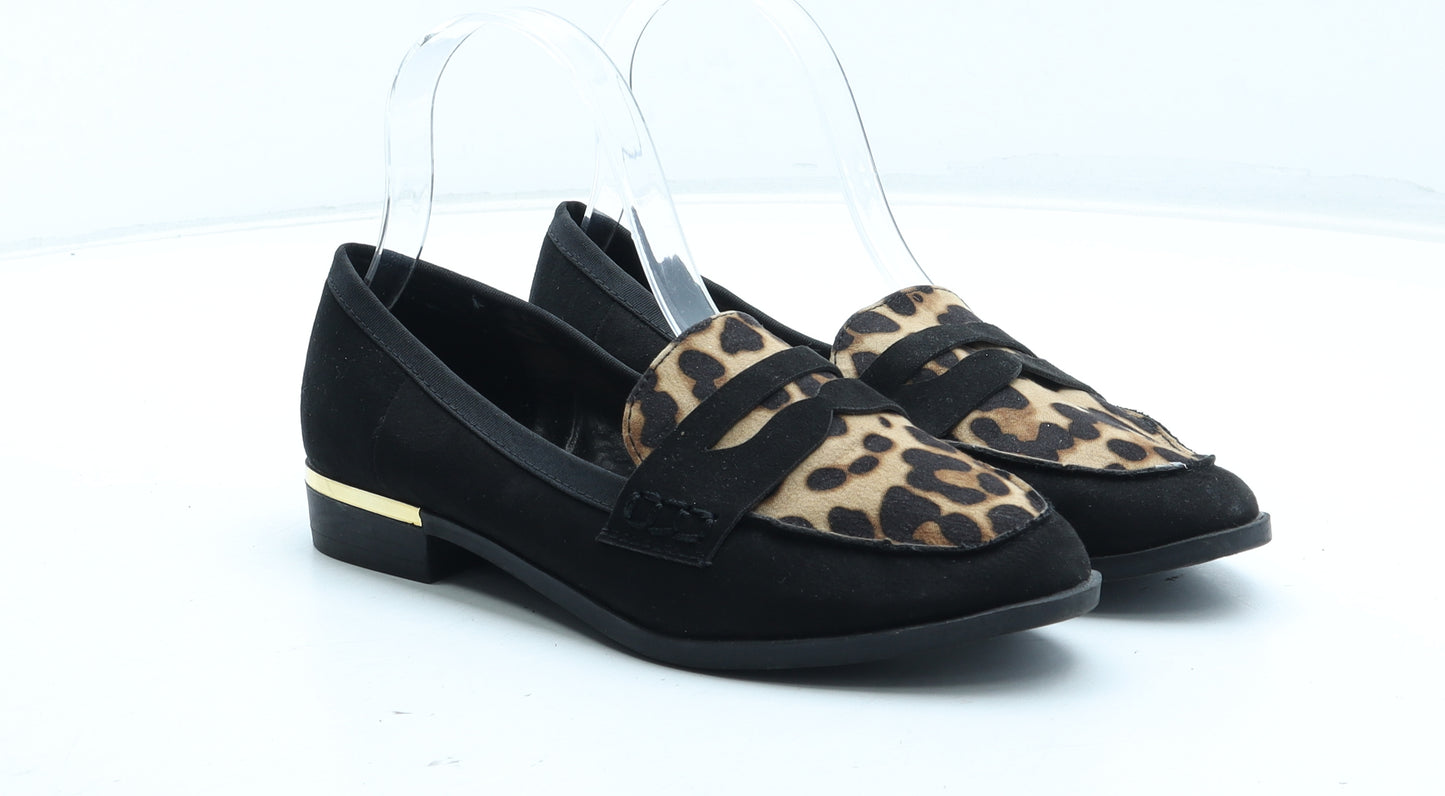 Dorothy Perkins Womens Black Animal Print Polyester Loafer Flat UK - Leopard Pattern