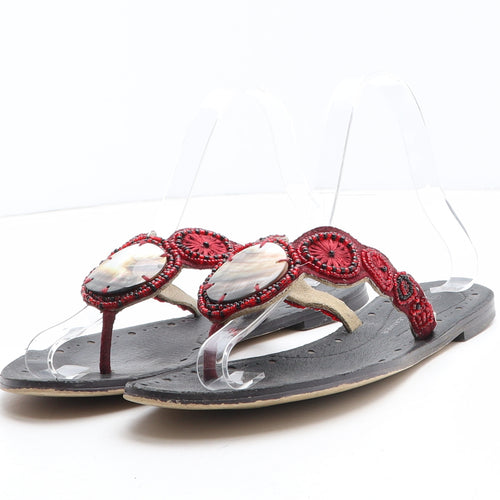 Fiore Womens Red Geometric Leather Thong Sandal UK