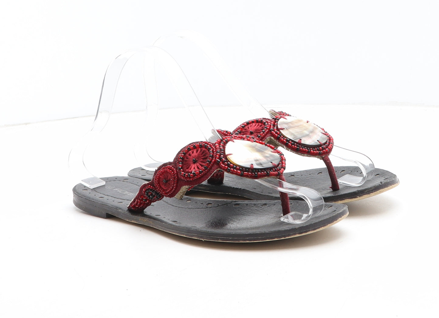 Fiore Womens Red Geometric Leather Thong Sandal UK