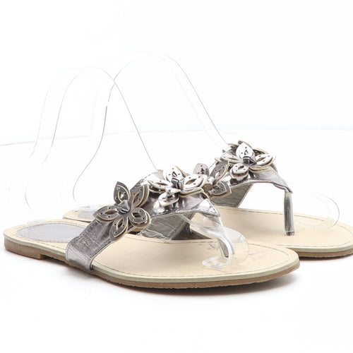 Board Angels Womens Silver Synthetic Thong Sandal UK - Flower Detail