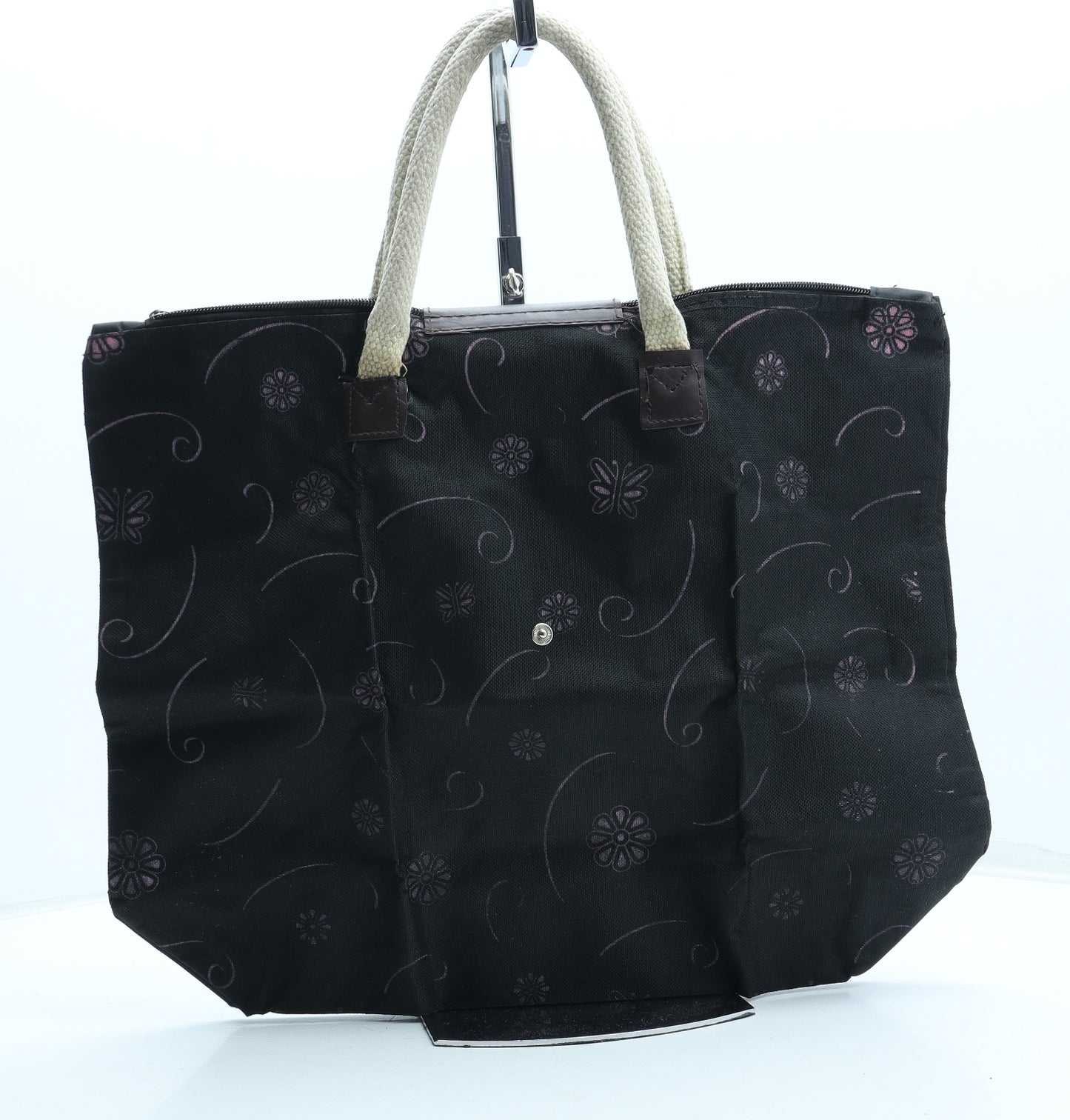 Preworn Womens Black Floral Polyester Top Handle Bag Size Medium