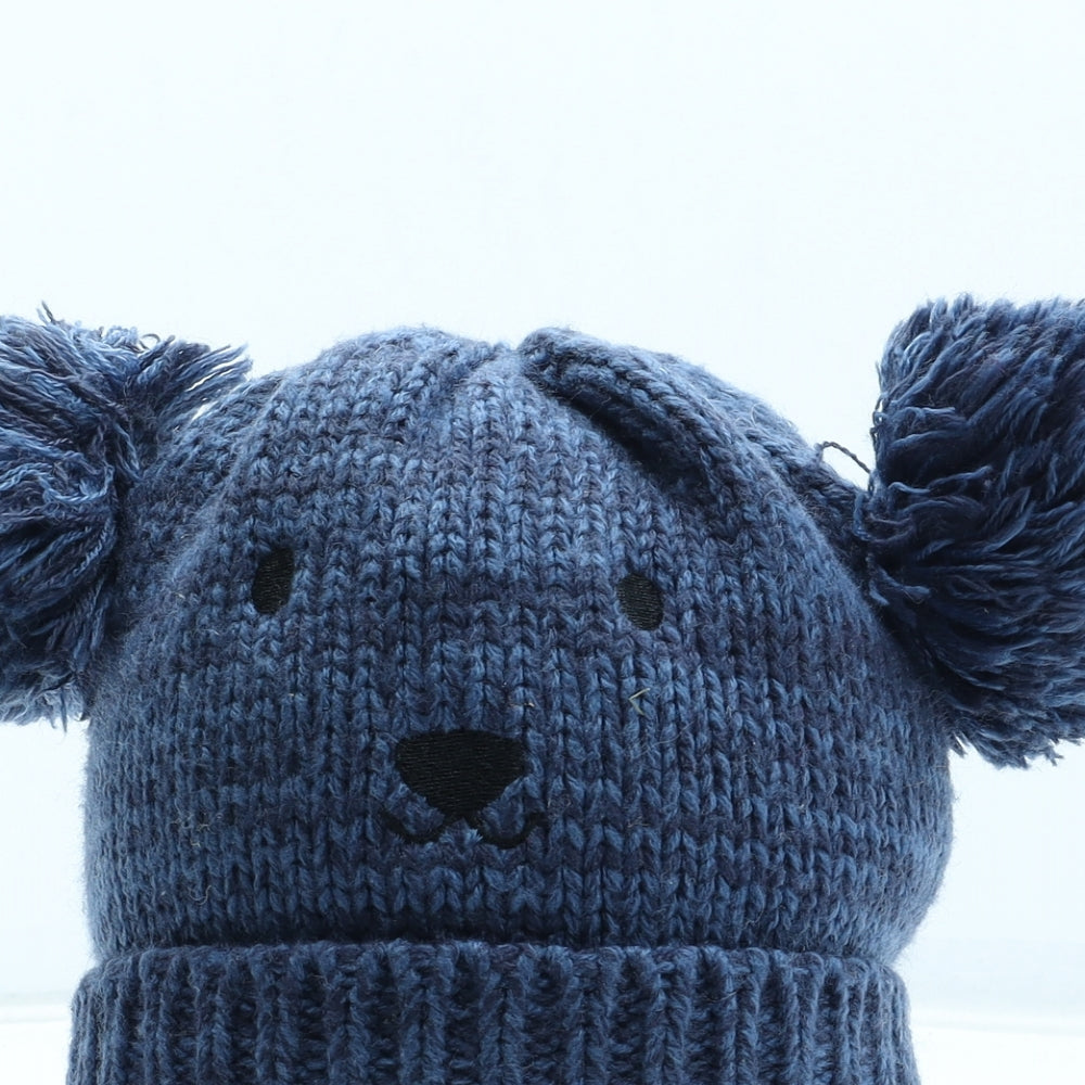 F&F Boys Blue Acrylic Bobble Hat Size S - Bear Detail Size 6-12 Months